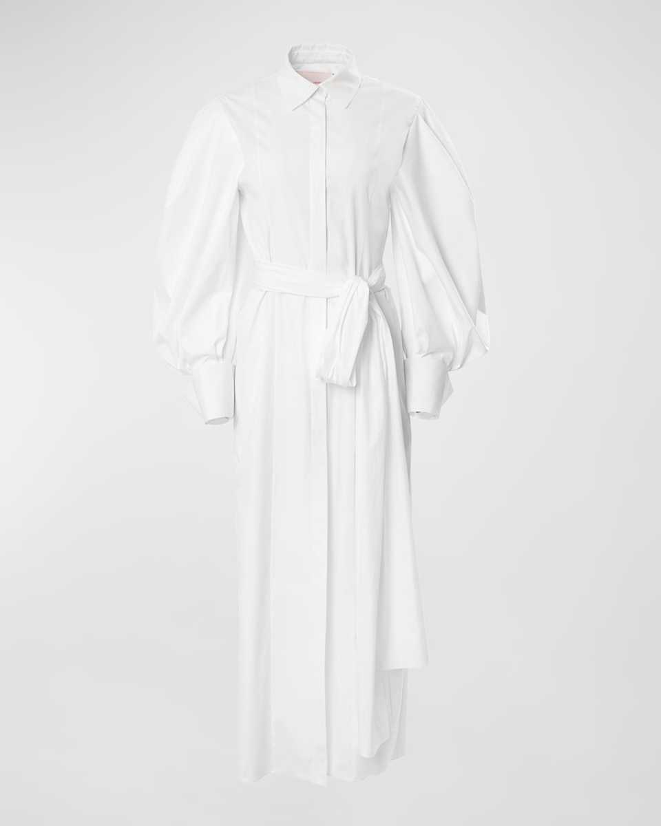 Puff-Sleeve Belted Column Midi Shirtdress